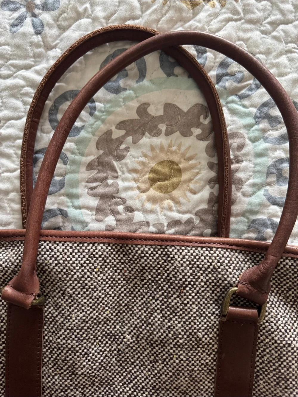 Vintage L.L. Bean Tan Tweed Tote with Brown Leather Trim and Handles
